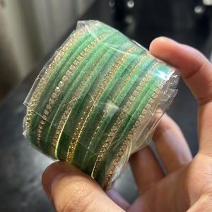 Indian bangles 2.5/2.8, 20 pcs 12 green bangles 8 gold rhinestones